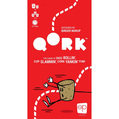 Red game box for 'Qork' with cartoon illustration and text