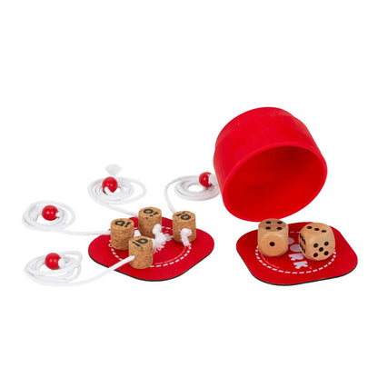 Red cup and dice game with wooden cups and dice on a white background