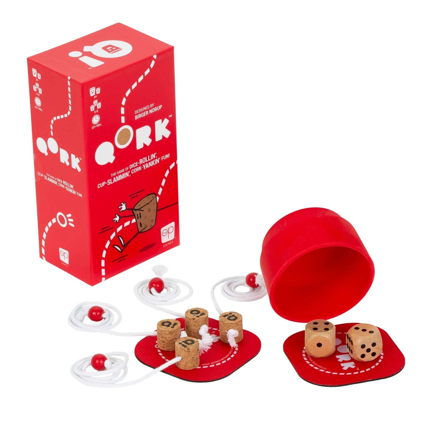 Qork game set with red cup and dice on a white background
