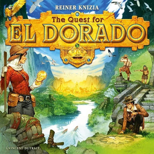 Board game cover of 'The Quest for El Dorado' with characters and landscape illustration.