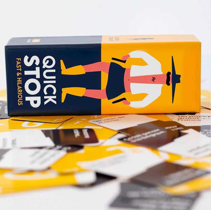 Quick Stop game box with cards on a light background