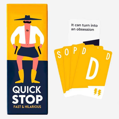 Quick Stop book with illustration of a person and playing cards on a white background