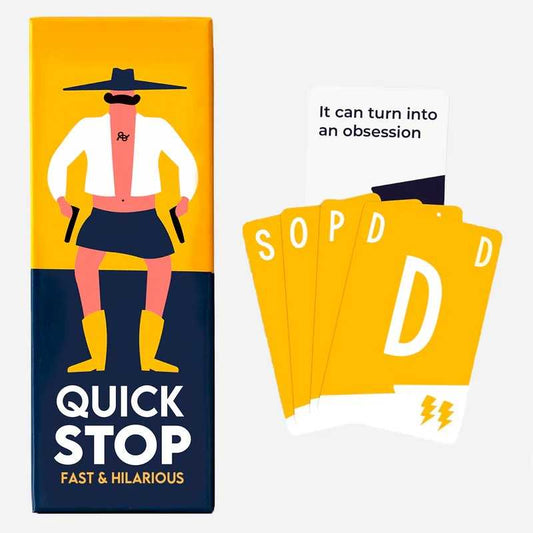 Quick Stop book with illustration of a person and playing cards on a white background