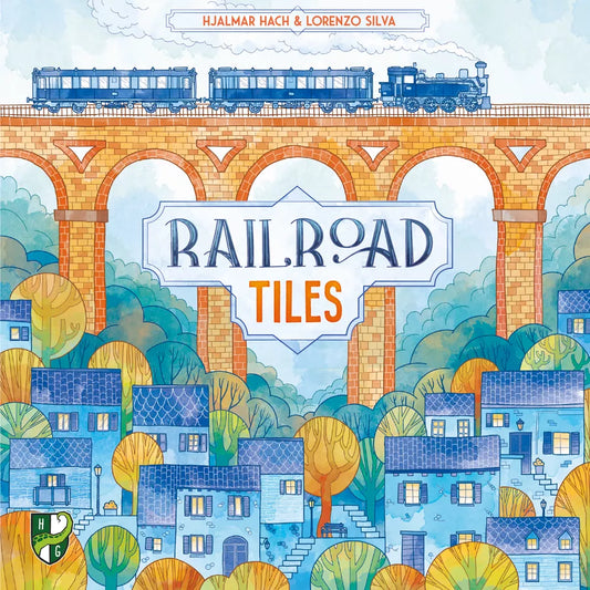 Book cover of 'Railroad Tiles' with a train on a bridge over a village.
