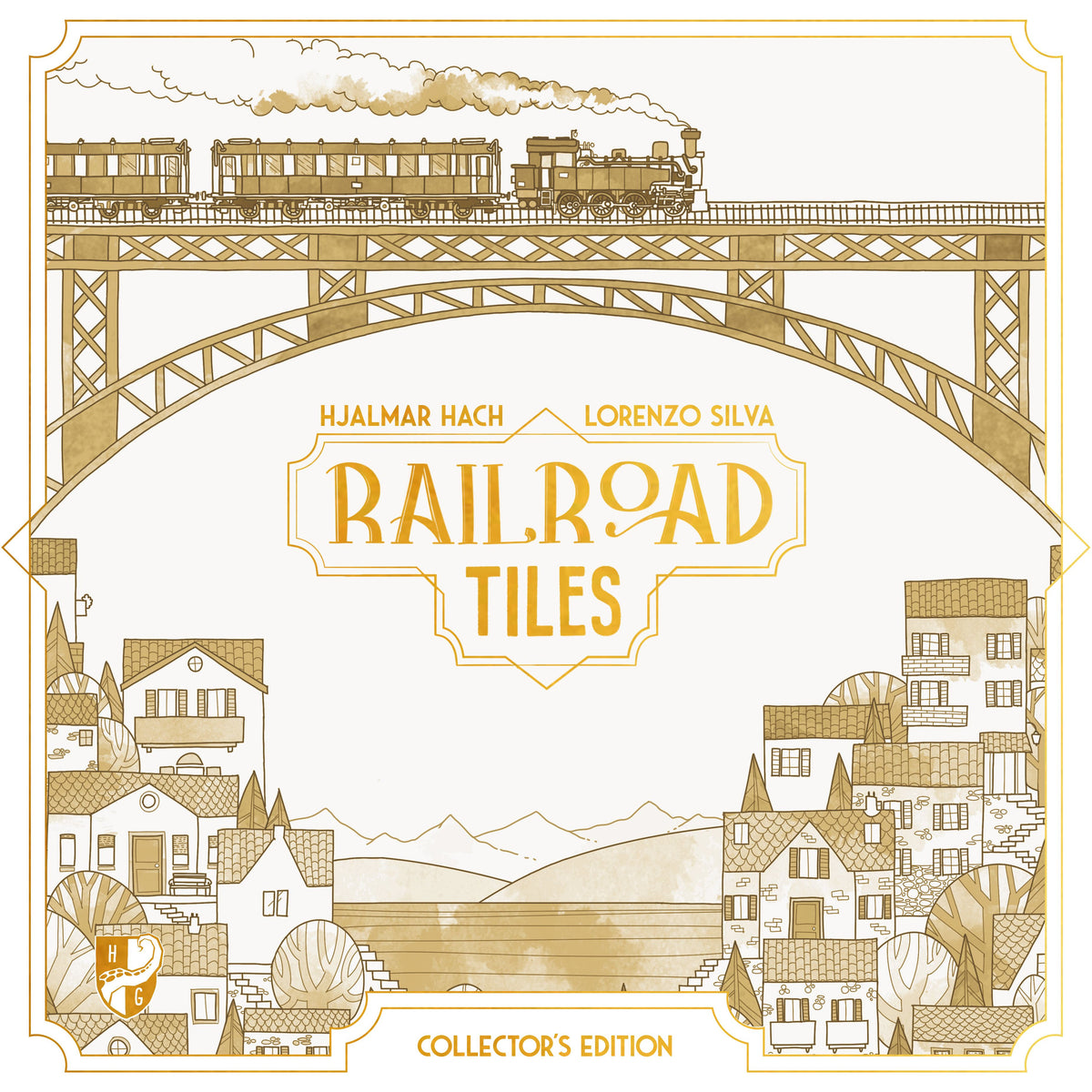 Front cover of the RailRoad Tiles Collector's Edition card game, featuring a vintage-style illustration in muted gold and beige tones of a steam train crossing an arch bridge above a small town.