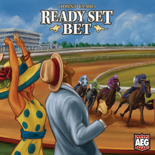 Board game cover for 'Ready Set Bet' by AEG featuring a horse race scene with spectators and jockeys.
