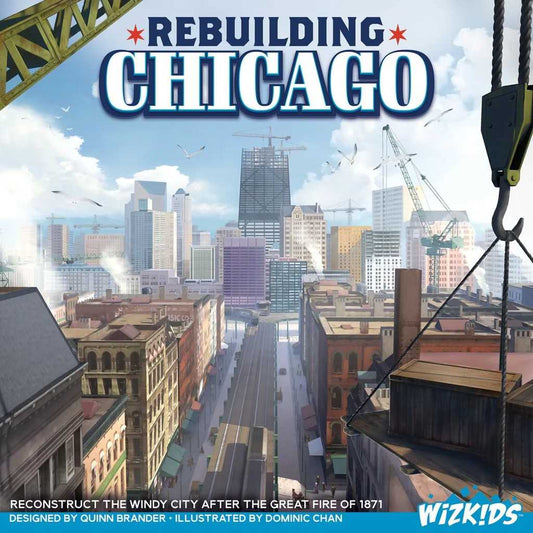Board game cover titled 'Rebuilding Chicago' by Wizkids with cityscape illustration.