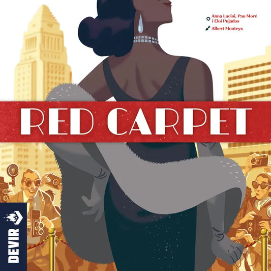 Board game cover titled 'Red Carpet' with a woman in a dress and cityscape background.