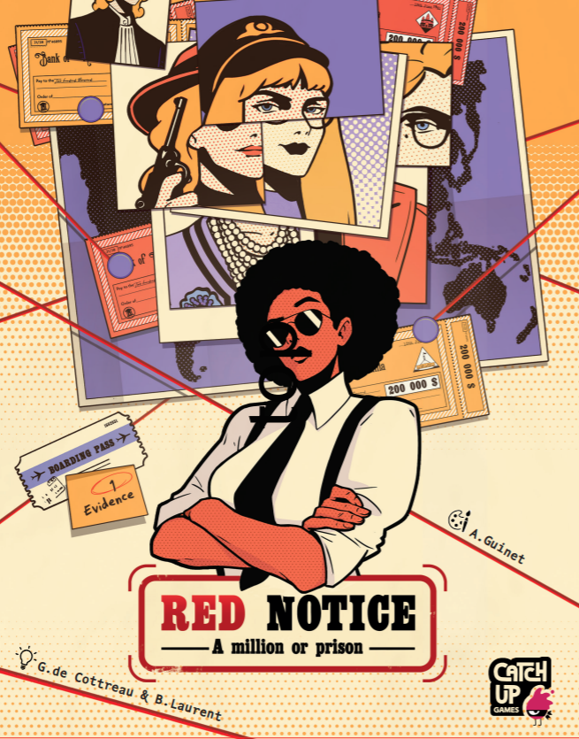 Illustrated book cover of 'Red Notice' with a stylized woman and various elements on a textured background.