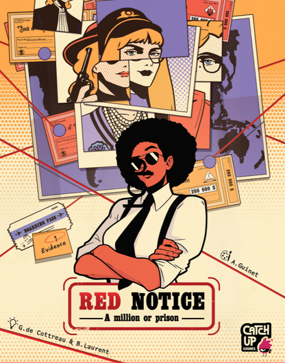 Illustrated book cover of 'Red Notice' with a stylized woman and various elements on a textured background.