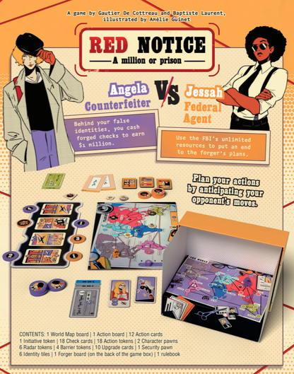 Board game packaging for 'Red Notice' featuring two characters and game components.
