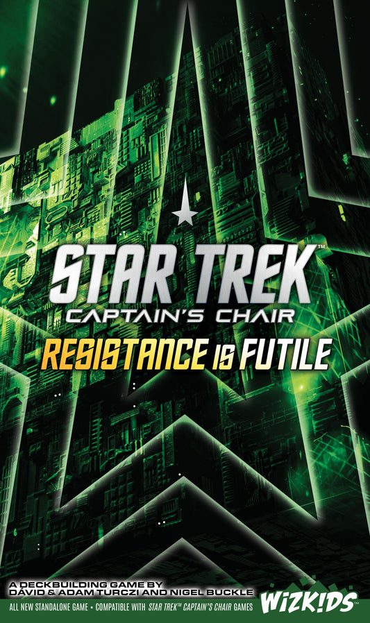 Star Trek Captain's Chair: Resistance is Futile deck building game box cover art featuring green circuit-like graphics, large white and yellow title text, and the WizKids logo at the bottom right.