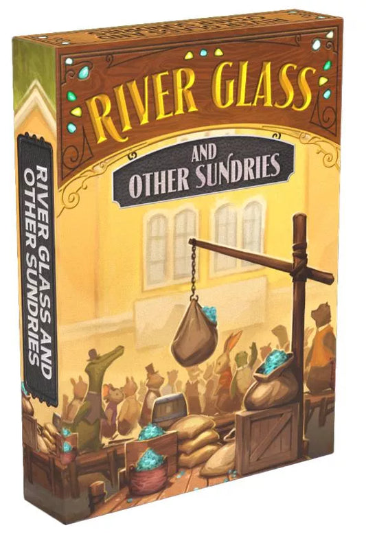 Board game box titled 'River Glass and Other Sundries' with a rustic village scene illustration.