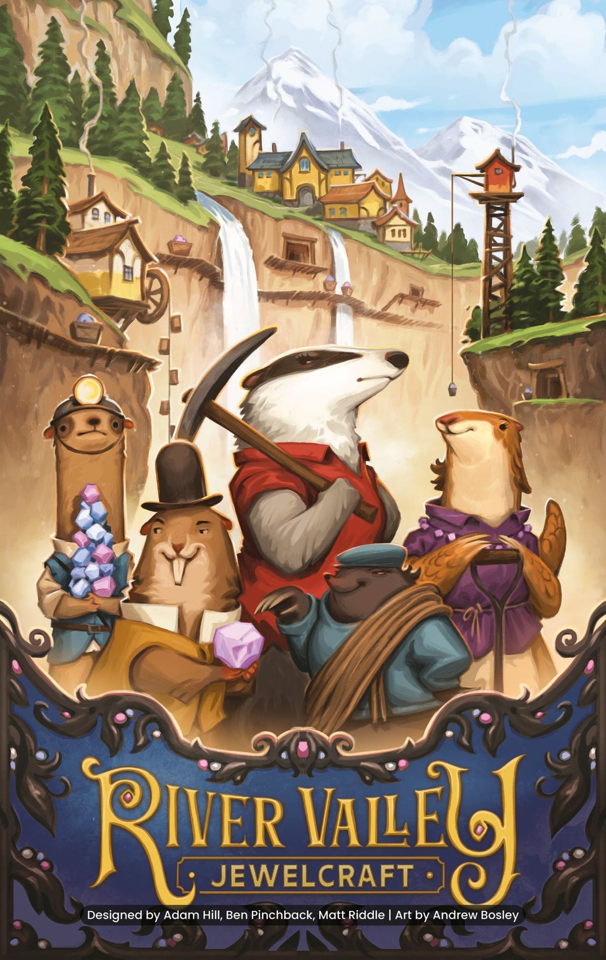 Illustrated cover art for River Valley Jewlcraft, showing anthropomorphic animals in a mountain village scene with a waterfall, buildings, and the title banner at the bottom.
