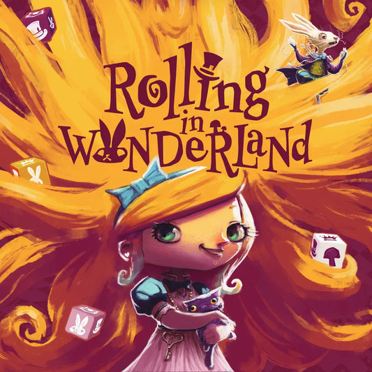 Illustrated cover art for 'Rolling in Wonderland' featuring a stylized girl with long yellow hair, a blue bow, and a pink dress, surrounded by oversized swirling yellow hair, dice, and characters from the story. The title text is prominent across the center.