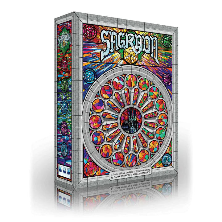 Board game box titled 'Sagrada' with colorful stained glass design on a white background