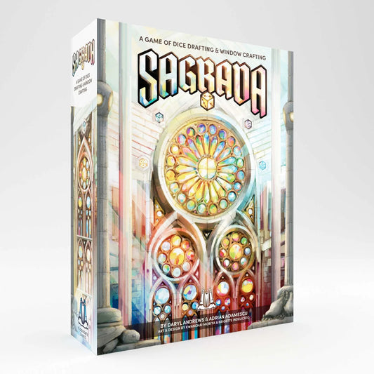 Board game box titled 'Sagrada' with colorful stained glass design on a white background