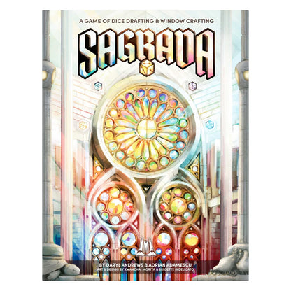 Board game box titled 'Sagrada' with colorful stained glass design on a white background