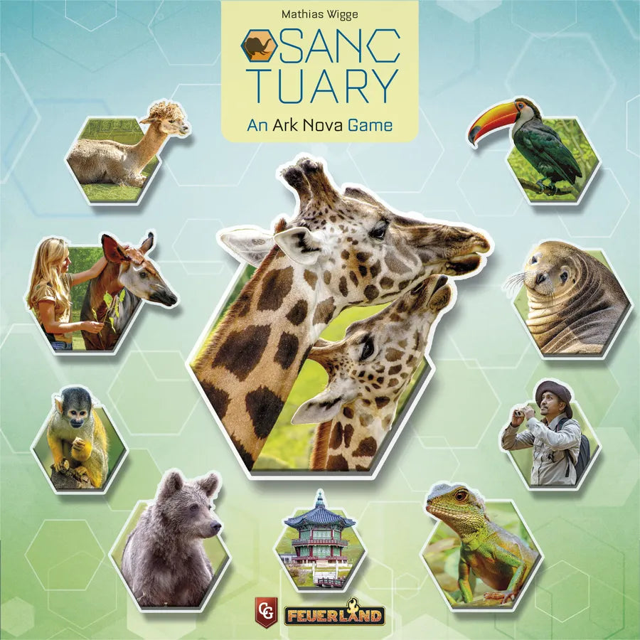 Cover of 'Sanctuary' game by Ark Nova with images of animals and a giraffe in the center.