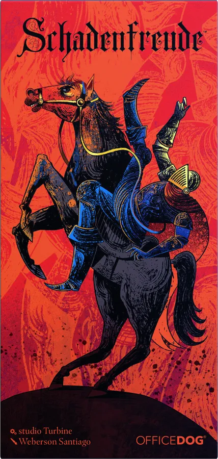 A square printed artwork/poster featuring the title 'Schadenfreude' at the top and 'OFFICEDOG' at the bottom right. The central illustration shows a dark horse rearing while a knight in blue armor falls off its back against a vivid red-orange background.