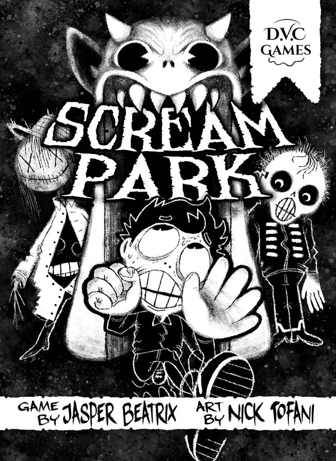 Cover of 'Scream Park' game by DVC Games with cartoonish characters and black and white design.