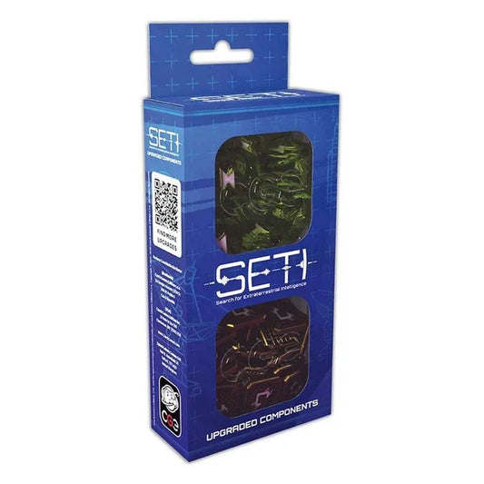 A blue retail box for SETI upgraded components, featuring two clear windows showing green and brown synthetic-looking material inside, on a plain white background.
