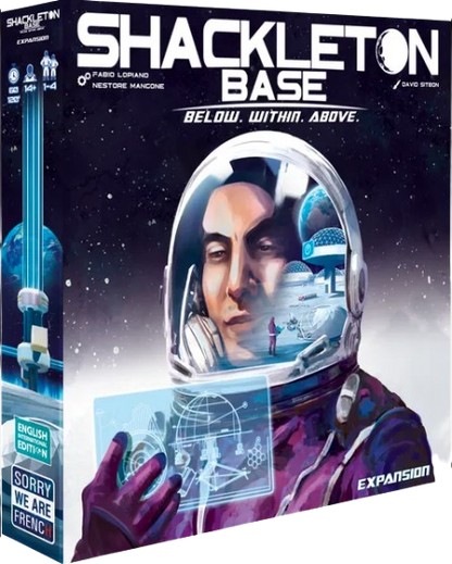 Board game box for 'Shackleton Base' with an astronaut illustration on a dark space-themed background.