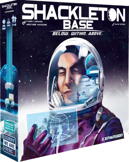 Board game box for 'Shackleton Base' with an astronaut illustration on a dark space-themed background.