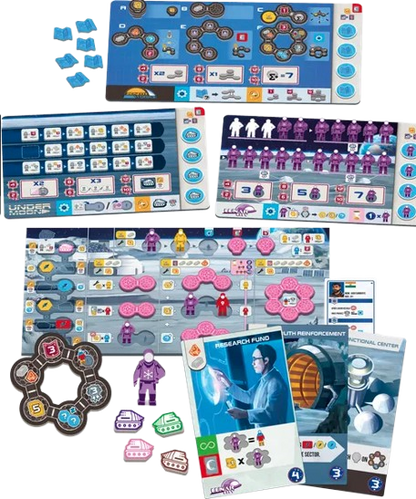 Collection of board game components including cards, pieces, and a board on a white background