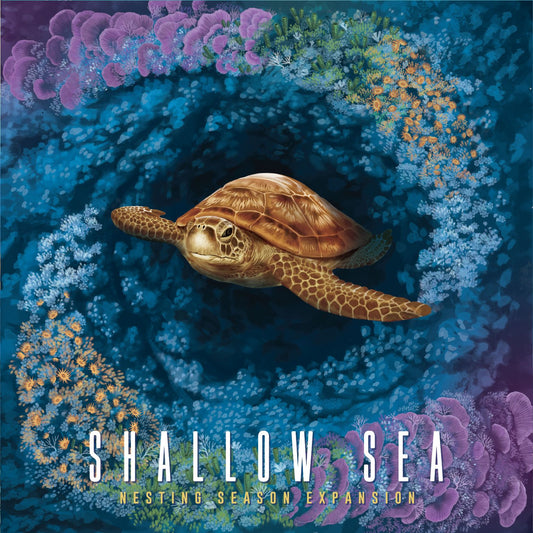 Cover of 'Shallow Sea' expansion for a board game, featuring a turtle and coral.