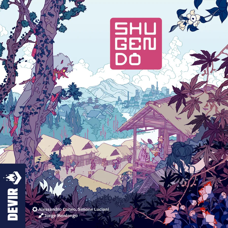 Cover of 'Shugenjo' with a Japanese village scene, trees, and a pink 'Shugenjo' logo.