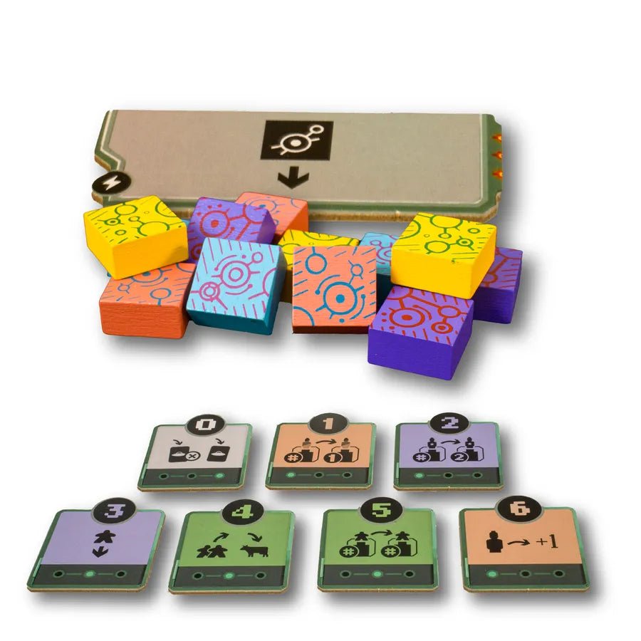 Colorful game pieces with numbers and symbols on a white background
