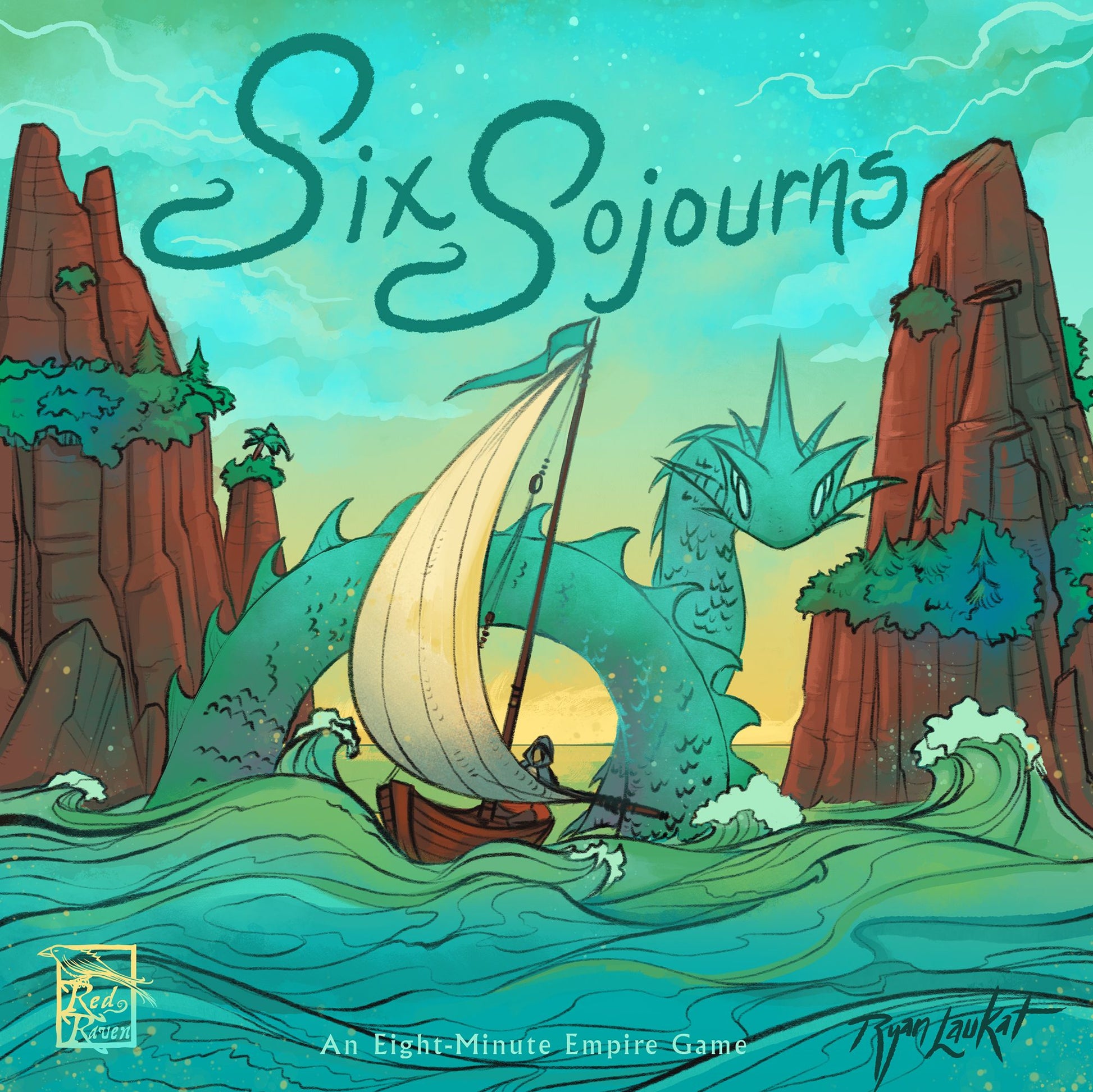 Cover of 'Six Sojourns' board game with sailboat and mountains.