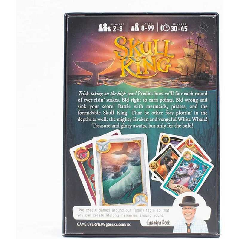 Card game box for 'Skull King' with colorful artwork and text on a white background
