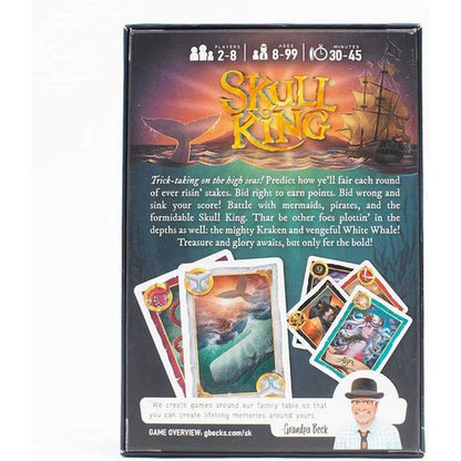 Card game box for 'Skull King' with colorful artwork and text on a white background