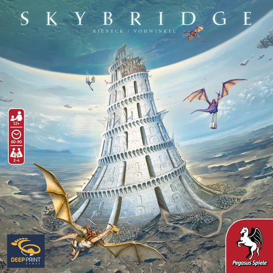 Board game box for 'Skybridge' featuring a large tower and dragons with Deep Print and Pegasus Spiele logos.