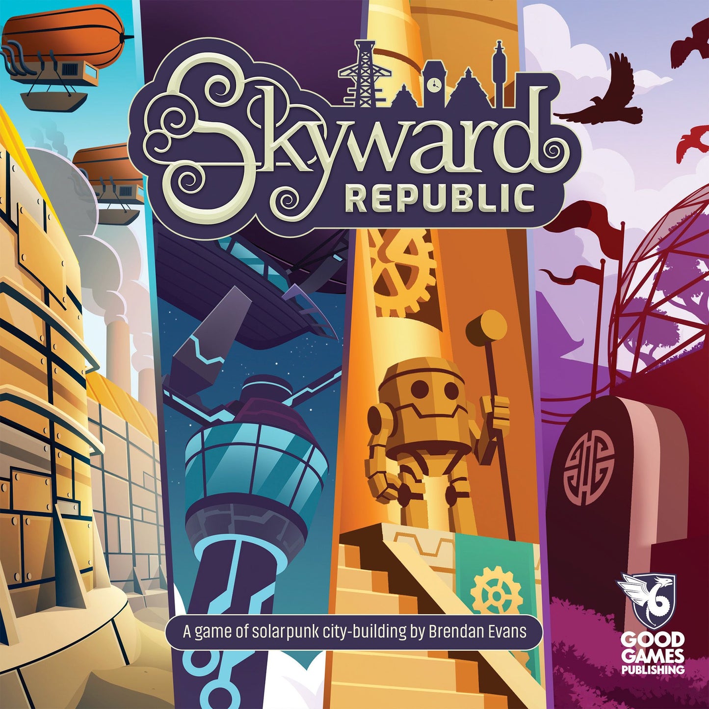 Board game box for 'Skyward Republic' with futuristic cityscape design.