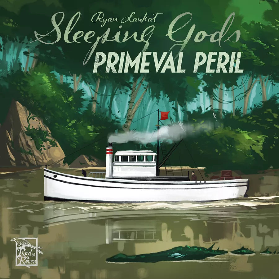 Illustration of a boat on water with a forested background, featuring the text 'Sleeping Gods Primeval Peril' and 'Red Raven'.