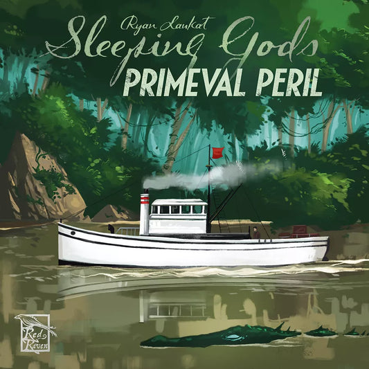 Illustration of a boat on water with a forested background, featuring the text 'Sleeping Gods Primeval Peril' and 'Red Raven'.