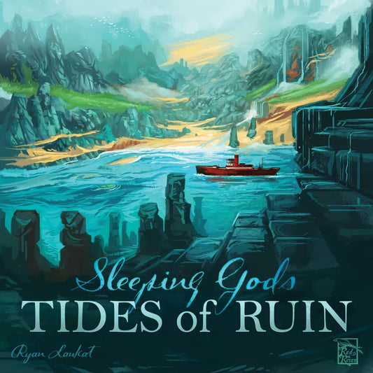 Cover of 'Tides of Ruin' by Ryan Lauckel featuring a boat on water with mountains and ruins.