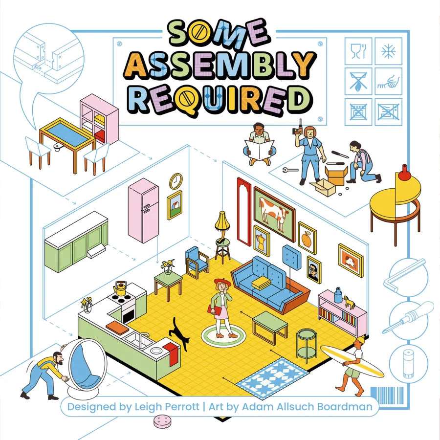 A colorful illustrated poster titled 'SOME ASSEMBLY REQUIRED' showing a stylized isometric living room scene with people assembling furniture and household items. The artwork includes multiple inset callouts and icons around the main room illustration.
