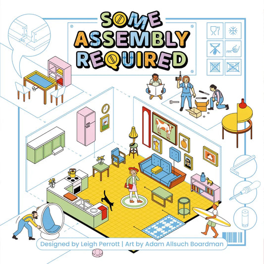 A colorful illustrated poster titled 'SOME ASSEMBLY REQUIRED' showing a stylized isometric living room scene with people assembling furniture and household items. The artwork includes multiple inset callouts and icons around the main room illustration.