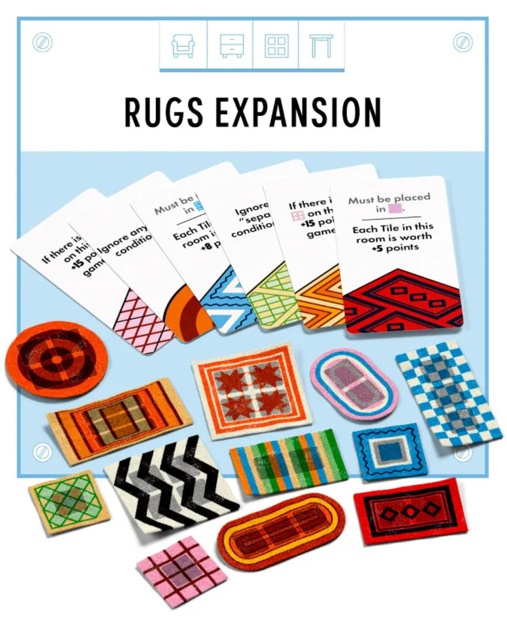 Rugs Expansion game board and pieces shown on a light blue background. The board has a white top section with icons and the title 'RUGS EXPANSION' in large black text, plus multiple colorful rug-shaped tiles and matching patterned cards laid out below.