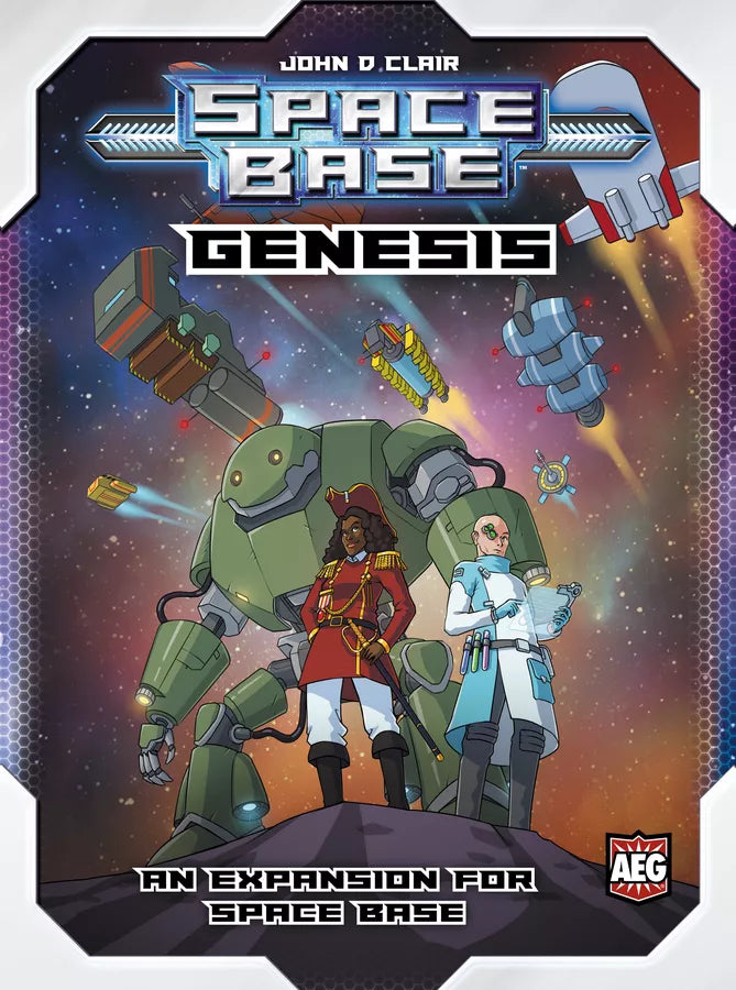Space-themed book cover with characters and robots against a space background, featuring the AEG logo.