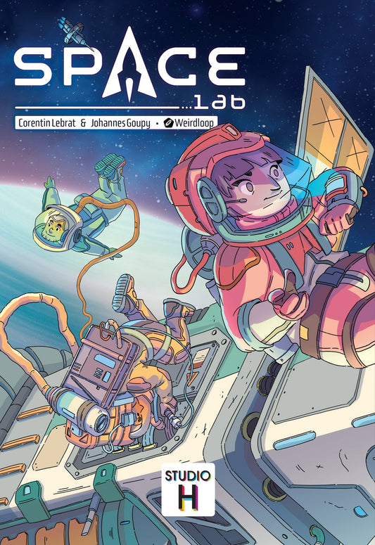Space-themed comic book cover with characters in a spaceship, featuring the title 'Space Lab' and Studio H logo.
