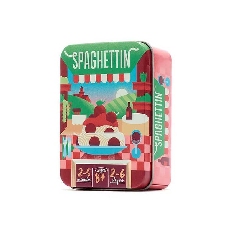 A square tin-shaped product box with rounded corners, featuring a colorful illustrated design of spaghetti with tomatoes and a market scene. The front reads 'SPAGHETTIN' in large white letters, and the side shows 'SPAGHETTIN' vertically.