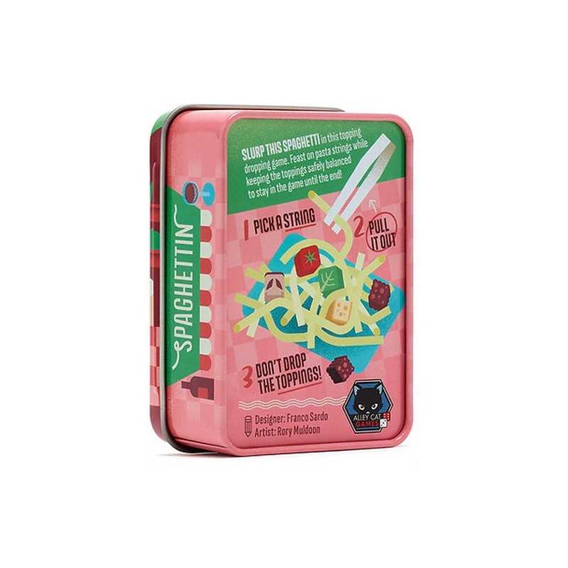 A pink metal tin package for the Spaghetti Game, featuring colorful illustrations of spaghetti, pasta pieces, and game instructions on a white background.