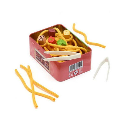 A children's wooden toy set in a small red tin, featuring yellow pipe cleaners, wooden blocks, and white tweezers, photographed on a white background.