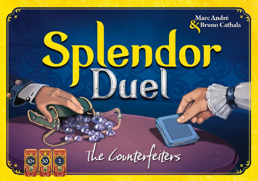 Board game box for 'Splendor Duel' with hands and cards on a purple tablecloth.
