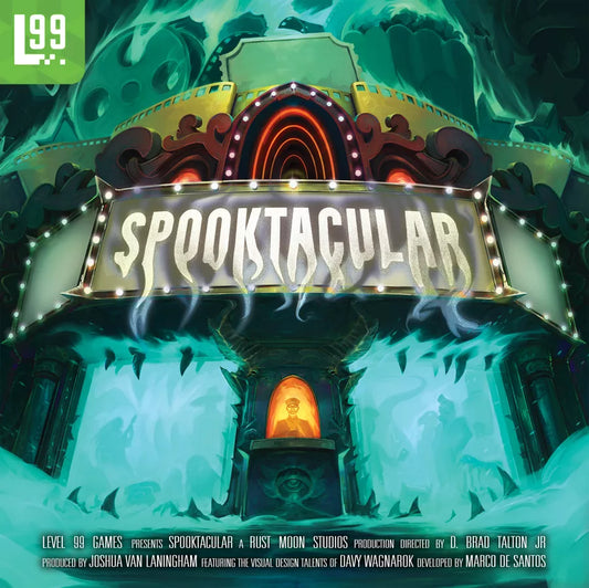Illustration of a spooky carnival ride with 'Spooktacular' sign and ghostly figures.